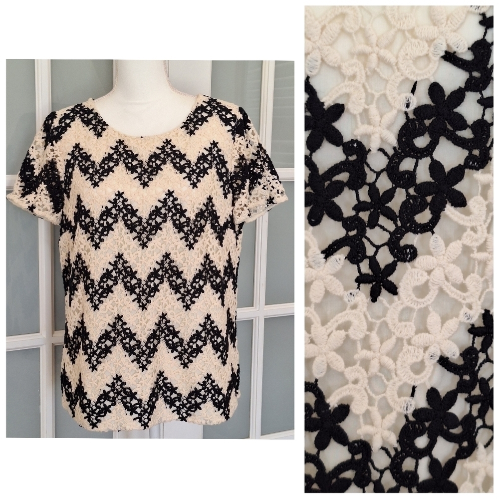 Talbots Black and Ivory Crochet Floral Lace Blouse